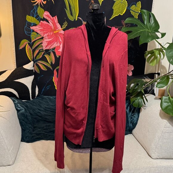 BCBG Max Azria Hooded Zippered Cardigan Knit Sweater, Rayon Blend, Cranberry, XL - Picture 2 of 12